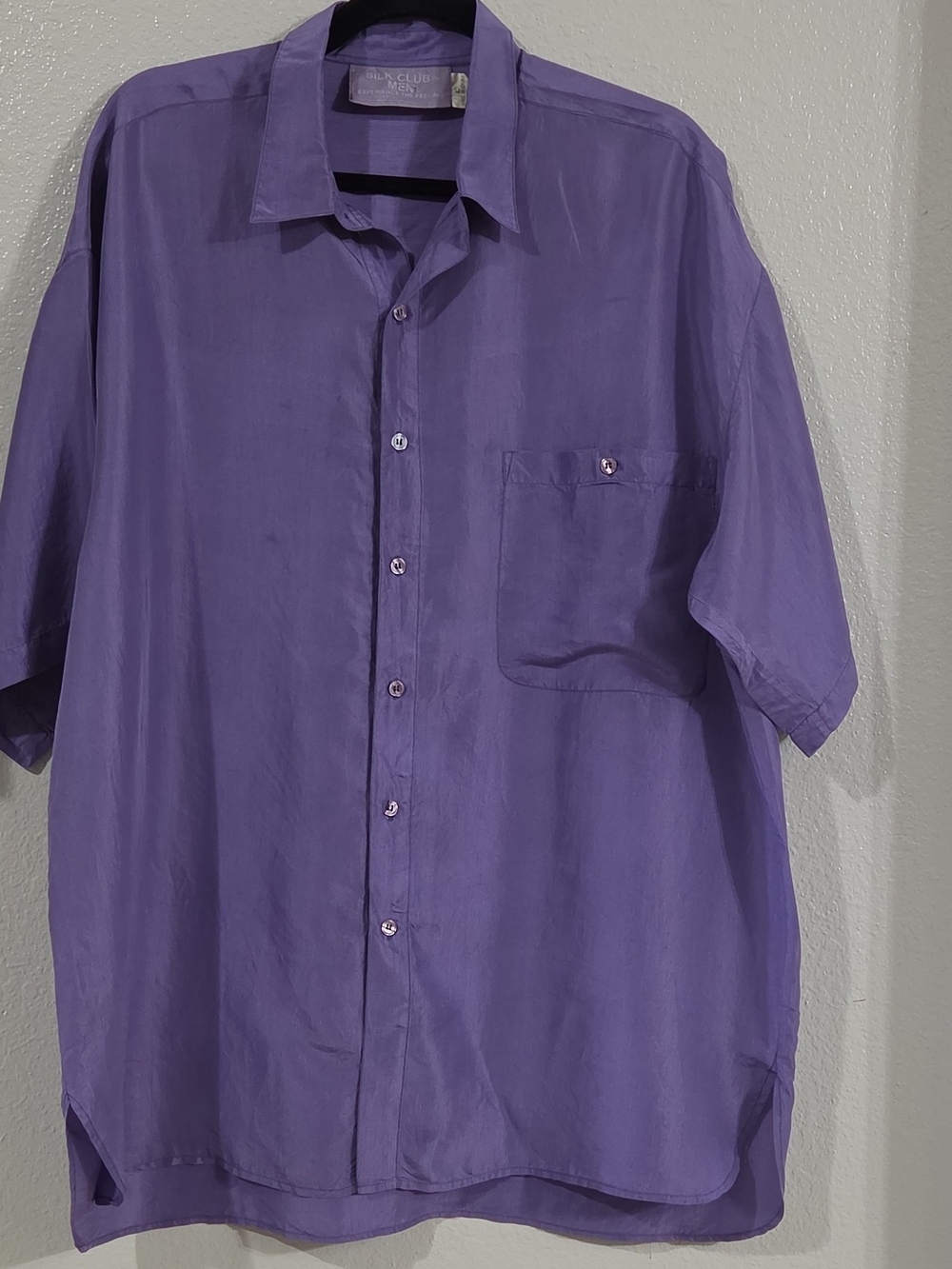Silk Club Men's L Vintage Solid Purple Silk Short Sleeve Button-Up Shirt Pocket